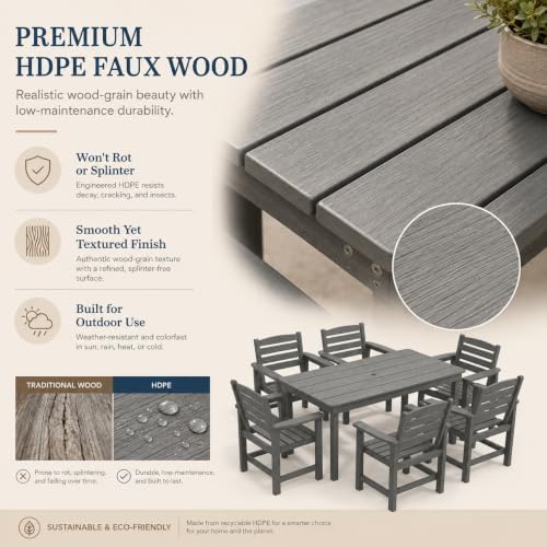 7-Piece Two-Tone Gray Patio Dining Table Sets, All-Weather HDPE Outdoor Furniture Set with Umbrella Hole, Light Gray Rectangular Table and 6 Dark Gray Chairs for Backyard Deck Garden - Image 7