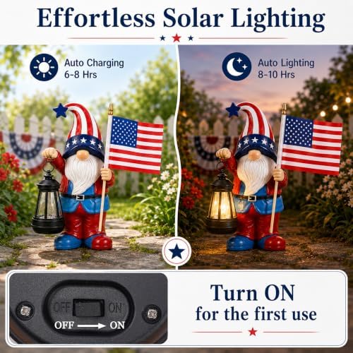 Solar Patriotic Gnome Statue: Outdoor Figurine with Lantern - Image 5