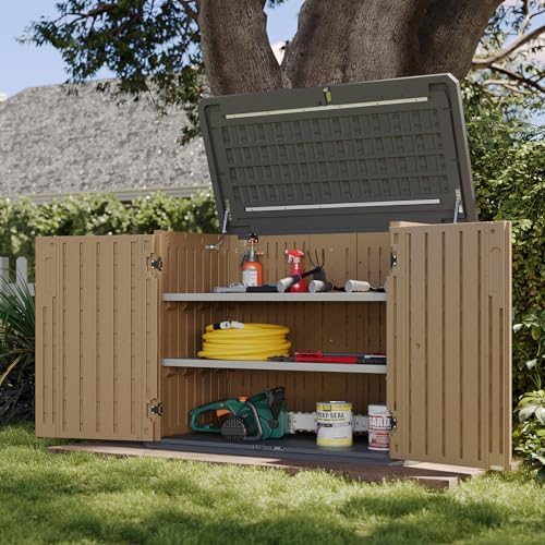 Aoxun Outdoor Storage Cabinet with 2 Shelves, 35 Cu Ft Waterproof Portable Horizontal Resin Shed Outdoor Storage for Garbage Bin, Generators & Yard Gear, and Lawn Mower (Brown) by Aoxun