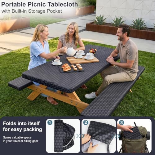 Picnic Table Cover with Bench Covers Camping Tablecloth Set with Pocket - Image 3