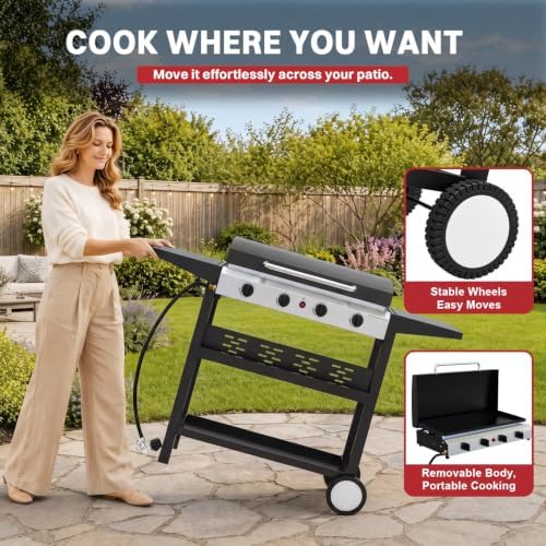 Pipopa 4-Burner Propane Griddle, Portable Flat Top Grill with Wheels & Hood - Image 2