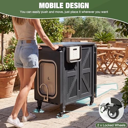 3-in-1 Outdoor Grill Cart with Sink & Faucet, Stainless Steel Top Outdoor Kitchen Island, Prep Table with Foldable Side Table, Storage Cabinet, Rolling Grill Station with Wheels for Patio, Backyard - Image 6