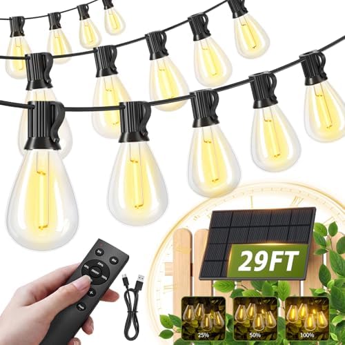 30FT Solar String Lights Waterproof, 10+1 LED Shatterproof Bulbs Solar Powered with Remote & USB Port, 3 Modes Dimmable Outdoor Lights for Patio, Garden, Camping by AMZRAP