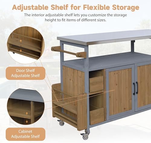 Christopher Knight Home Edsel Outdoor Bar Cart with Stainless Steel Top and Lockable Wheels, Solid Wood Outdoor Storage Cabinet, Kitchen Island Serving Cart for Poolside, Walnut Brown+Blue Gray - Image 4