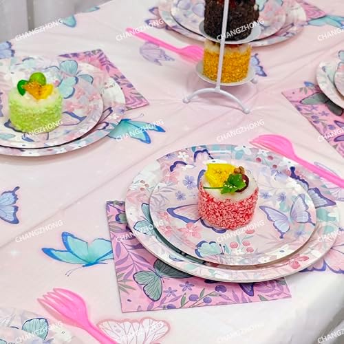 Pink Purple Butterfly Birthday Disposable Plate AndPaper Napkin Combination - Image 5