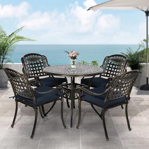 VIVIJASON 5-Piece Patio Furniture Dining Set, All-Weather Cast Aluminum Outdoor Conversation Set, Include 4 Cushioned Chairs and a 35.4" Round Table w/Umbrella Hole, Navy Blue Cushion - Image 2