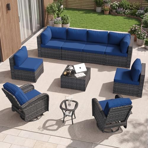 Aoxun 10 Piece Outdoor Patio Furniture Set with Coffee Table, Wicker Rattan Outdoor Furniture with High Back Swivel Rocker Chairs, Outdoor Conversation Set with Thick Cushion & Ottoman, Navy Blue by Aoxun