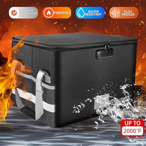 ENGPOW File Box with Lock,Fireproof Document Box with Zipper＆Pockets,Collapsible File Organizer Filing Storage Cabinet with Handle,Portable Home Office Safe for Hanging Letter/Legal Folder,Black - Image 4