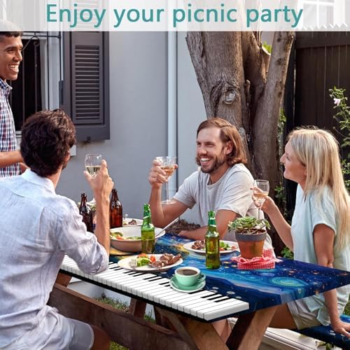 Piano Keyboard Picnic Table Cover with Bench Covers, Camping Essentials, Whirlpool Star Tree Flower Waterproof Windproof, Fitted Tablecloth Cover with Elastic Edge for Outdoor Garden 3 PCS 30x72 Inch - Image 2