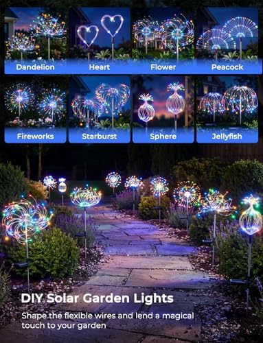 Multicolor Solar Lights Outdoor, 2 Pack 180LED Solar Garden Lights for outside, 8 Modes Firework Fairy light for Yard Pathway 4th of July Carnival Juneteenth Christmas Decor, Red/Yellow/Blue/Green - Image 3