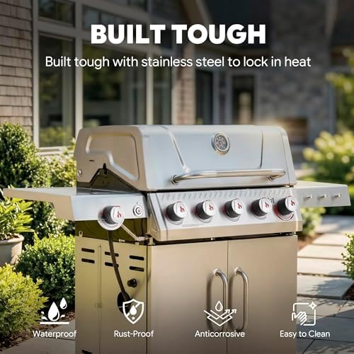 Feasto 5 Burner Propane Gas Grill with Side Burner and Sear Burner, Silver - Image 5