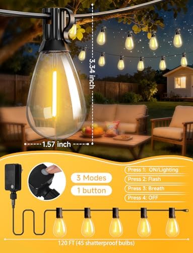 120FT Outdoor String Lights with Remote, LED Patio Lights with 45+2 Waterproof S11 Bulbs, Outside Dimmable 2700K Warm White, Timer & 3 Modes,for Backyard Garden Deck Porch Balcony Gazebo Party Decor - Image 6