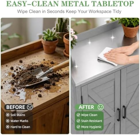 Outdoor Potting Bench with Storage Cabinet, Wooden Garden Potting Table with Metal Tabletop, Workbench Station for Patio Backyard (Classsic Grey, 31.5x17x39) - Image 4