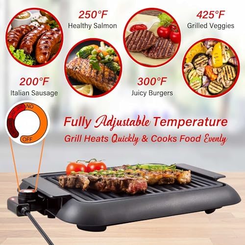 Brentwood 1200W Electric Smokeless Indoor Grill with Ceramic Non-Stick Surface, Adjustable Temperature, and Dishwasher Safe Parts, 12.6” x 10”, Black - Image 5