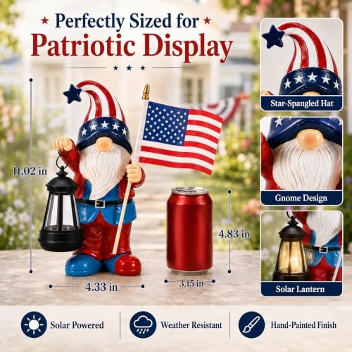Solar Patriotic Gnome Statue: Outdoor Figurine with Lantern - Image 3