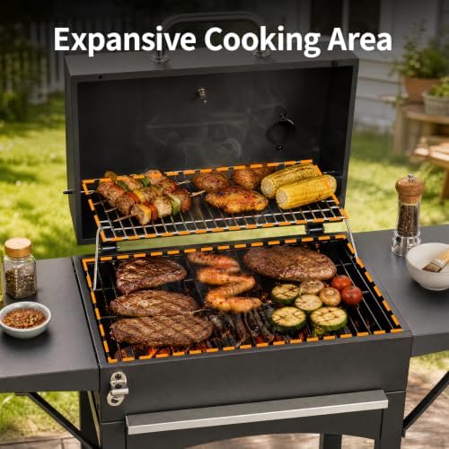 Outvita Charcoal Grill with 2 Side Tables, BBQ Grill with Lid & Chimney - Image 3