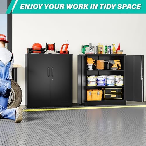 SISESOL 36 inch Metal Storage Cabinet with Doors and Shelves,Small Garage Storage Cabinet with Lock,Black Metal Cabinets with Locking Doors for Home,Office,Short Garage Cabinets - Image 2
