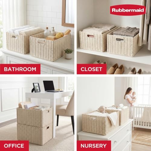 Rubbermaid Woven Storage Baskets - Set of 2 Stackable and Collapsible Bins with Handles, Extra-Large Resin Rattan Organizers for Shelves, Closet, Bathroom, Bedroom, 18.75” x 13.75", Ivory - Image 3