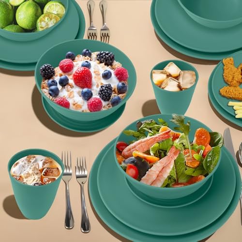 Wrova 40Pack plates and bowls sets for kids - Unbreakable wheat straw dinnerware sets service for 8 - Alternative plastic 40pcs dish sets for kitchen, camping and indoors dinning - (Green) - Image 5