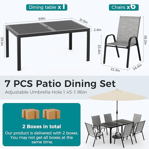 Pamapic Outdoor Dining Sets for 6, Rectangular Steel Slat Table with 6 Textilene Chairs, 7 Piece Patio Table and Chairs Set with Umbrella Hole for Patio, Backyard, Poolside (Grey, No Umbrella) - Image 5