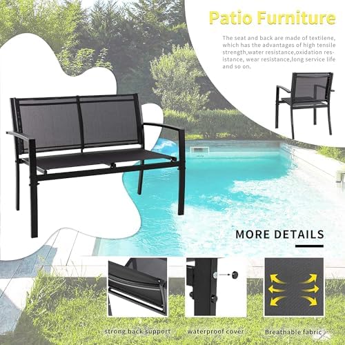 Shintenchi 4 Pieces Patio Furniture Set All Weather Textile Fabric Outdoor Conversation Set, with Glass Coffee Table, Loveseat, 2 Single Chairs for Home, Garden, Lawn, Porch（Black） - Image 3