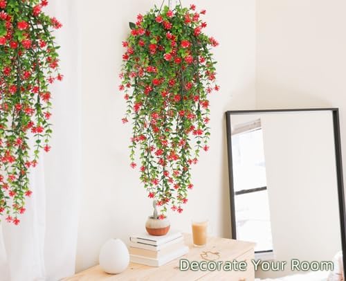 RECUTMS Artificial Hanging Plants Faux Hanging Vine Red Flowers Fake Plants - Image 5