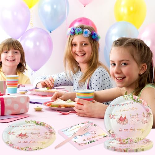 75PCS Floral Baby Girl Shower Plates and Napkins Decorations Party Favors, 7Inch A Sweet Baby Is on Her Way Paper Dessert Plates Disposable Tableware Party Supplies - Image 6