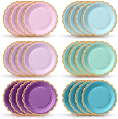 48 Pcs Mermaid Paper Plates 9 Inch Scalloped Pink Blue Purple by Tiangrid