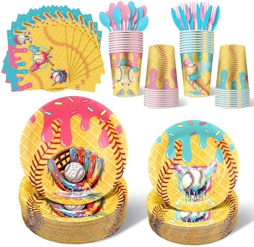 FoldTier 350 Pcs Ice Cream Drip Baseball Birthday Party Decorations Set Ice Cream Paper Plates Napkins Fork Set Disposable Fairy Tableware Decorations Supplies for Baby Shower Dinner Serves 50 by FoldTier