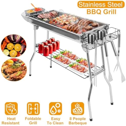 Portable Charcoal Grill, Large Stainless Steel Folding Grill with Side - Image 2