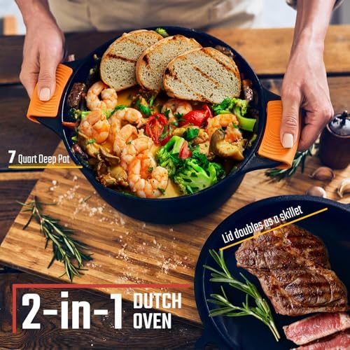 Overmont 7QT Double Dutch Oven - 2-in-1 Pre-Seasoned Cast Iron Pot & Recipe - Image 2