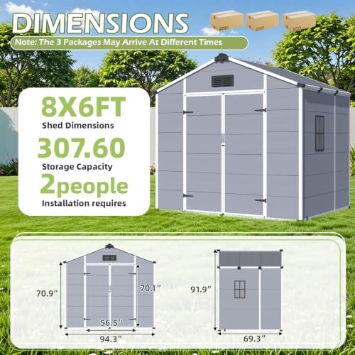 8 x 6 FT Plastic Outdoor Storage Shed with Floor, Resin Garden Shed - Image 2