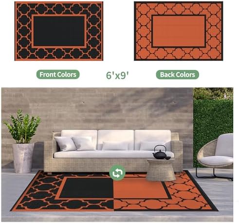 GENIMO Outdoor Rug, Waterproof Plastic Rugs for Patio, 6'x9' Black Orange - Image 4