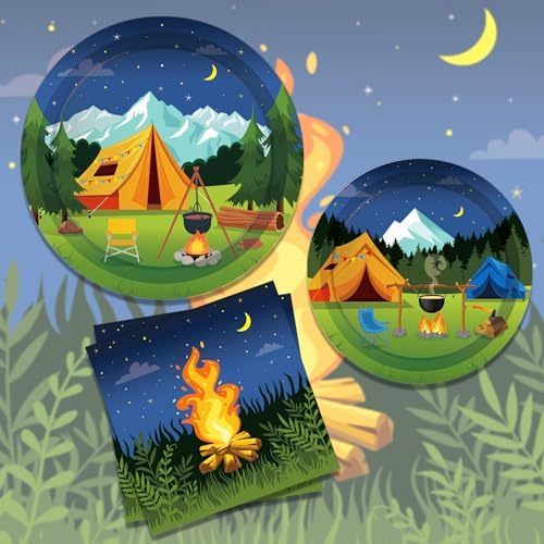 Camping Birthday Paper Plates Napkins Tent Bonfire Disposable Tableware Set Party Supplies Camp Picnic Outdoor Theme Dinnerware Serves 24 Guests for Audlts Kids Baby Shower Birthday 88PCS - Image 6