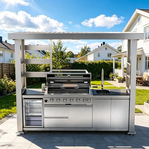 108" Outdoor Kitchen Island Crafted from Stainless Steel,6-Burner 85,000 BTU Natural Gas Grill,Rotisserie Oven,Refrigerator,Galvanized Steel Roof,Granite Countertops,Storage,Sink.(Natural Gas) by INOTEVERITORY
