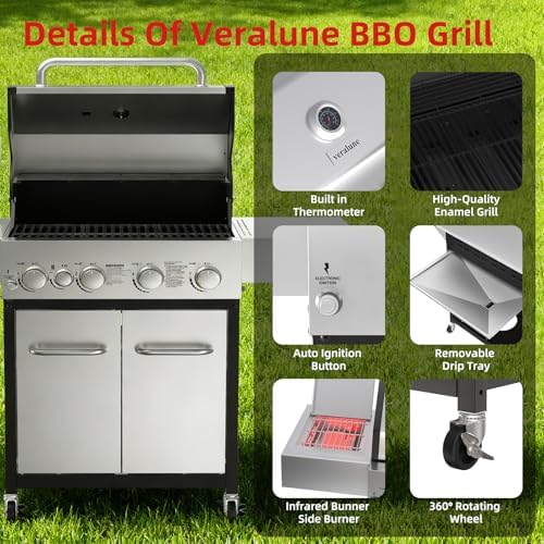 Veralune 4 Burner Gas Grill with Infrared Side Burner, Side Shelves, Wheels - Image 4