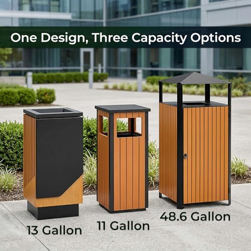 5/Pack 48.6 Gallon Square Outdoor Trash Can - Decorative Steel and Wood Composite Commercial Waste Receptacle with Hooded Covered Top, Galvanized Steel Liner, and Locking Side Access Door - Image 5