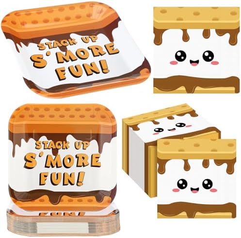 Yungyan 100 Pcs S'mores Camping Love Fun Paper Plates Napkin Set S'mores Campfire Party Decor 9" Disposable Tableware Plate 13" Napkins for Camper Birthday Christmas Baby Shower Family Favor Supplies by Yungyan