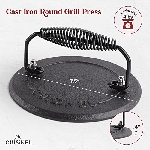 Cuisinel Cast Iron Skillet + Grill Press + Scraper Set - 10"-inch Pre-Seasoned Frying Pan + Silicone Handle Grip - 7" Round Burger Smasher - Indoor/Outdoor, Grill, Kitchen Cookware. PFAS and PFOA-free - Image 5