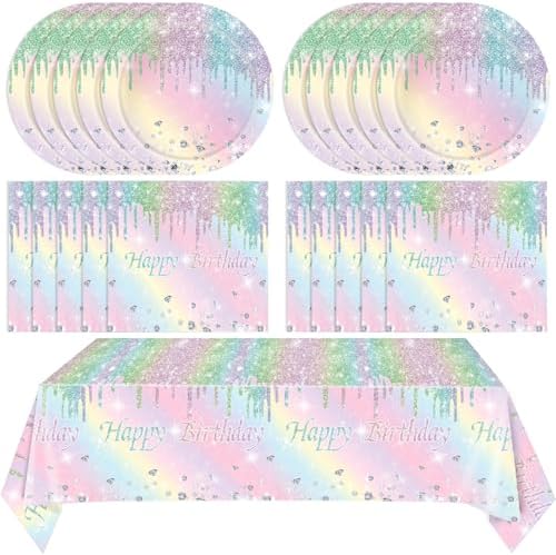 41Pcs Pastel Birthday Decorations Pastel Rainbow Tableware Set Disposable Paper Plates,Napkins,Tablecloth丨Rainbow Birthday Decorations for Girls,Baby Shower,Bridal Wedding Party Supplies,Serve 20 by Mainivo