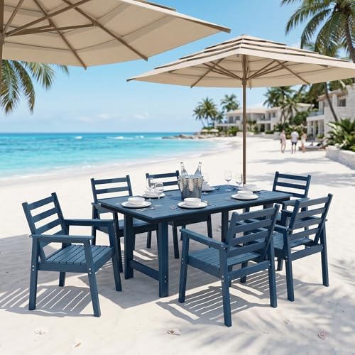 7-Piece Outdoor Dining Set, All-Weather HDPE Patio Furniture, 66.5" Slatted Table with 1.6" Umbrella Hole & 6 Ergonomic Armchairs, Heavy Duty 350lbs Capacity, UV Resistant, Blue - Image 3