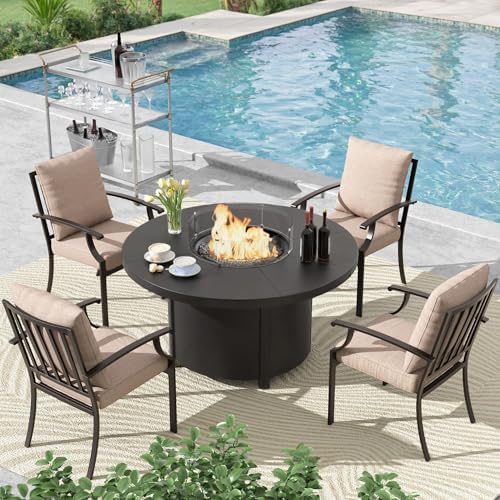 5 Pcs Metal Outdoor Patio Furniture Set with 48"/55000 BTU Outdoor Round Propane Fire Pit Table,Patio Conversation Sets 4 Fixed Chairs No-Slip Cushions and Waterproof Covers,Sand by TrumbeakFurniture
