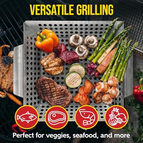 Kaluns Heavy Duty Stainless Steel Vegetable Grill Basket, Rectangular, Silver, Dishwasher Safe Grills and Vegetables - Image 3