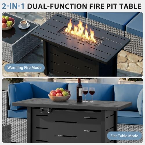 Shintenchi 6 Piece Outdoor Patio Furniture Set with 43 Inch Propane Fire Pit, Washable Cushions, Glass Coffee Table, Waterproof Cover & CSA Certified for Backyard Poolside, Silver PE Rattan/Navy Blue - Image 6