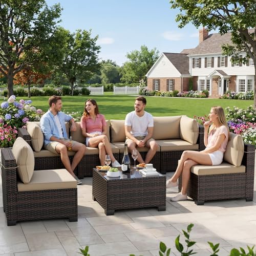 LEVELEVE 7 Pieces Outdoor Patio Furniture Sets,Rattan Conversation Sectional Set,Manual Weaving Wicker Patio Sofa with Tea Table by Enjoyyourlife