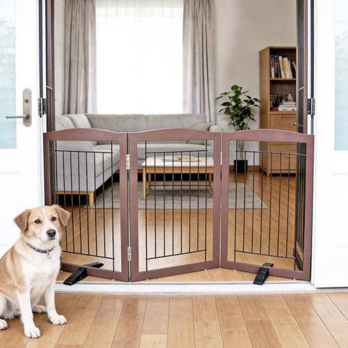 ZJSF Freestanding Dog Fence Indoor, Foldable Dog Gate for Doorways, Stairs or Hallways, Sturdy Wood Extra Wide Pet Gate with Support Feet for The House, Brown, 24 "Height-3 Panels by ZJSF