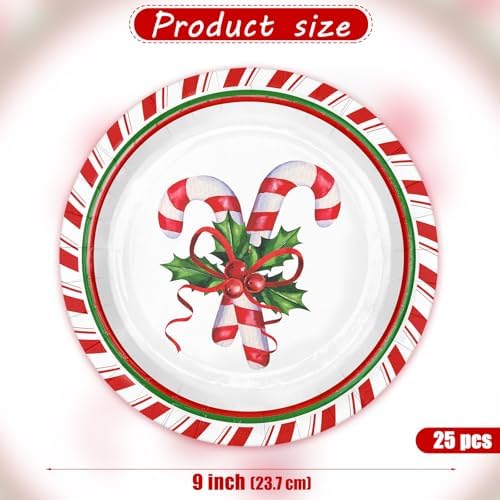 WRAPAHOLIC 25Pcs Christmas Paper Plates - 9 Inch Candy Cane Disposable Plates Decorative Dinner Plates for Christmas Party Tableware Supplies Table Decor - Image 2