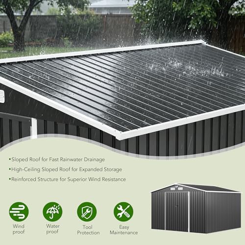 MXV 8 x 6FT Outdoor Storage Shed, Metal Garden Shed with Windows, Double Lockable Doors & Sloped Roof, Magnetic Solar Lamp, Waterproof Tool Sheds for Backyard Garden Patio Lawn, Black - Image 4