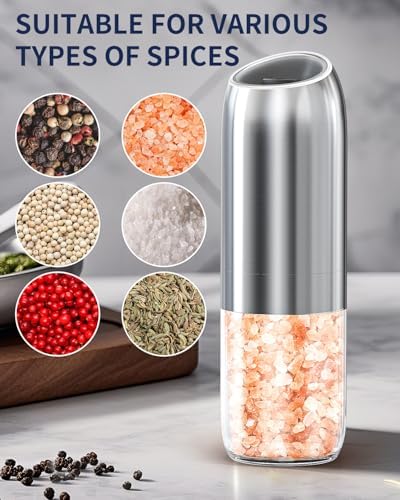 CIRCLE JOY Gravity Electric Salt and Pepper Grinder Set, Battery Powered Automatic Pepper Mills with Adjustable Coarseness, One Hand Operation, 176ml Large Container, Silver - Includes 8 Batteries - Image 6