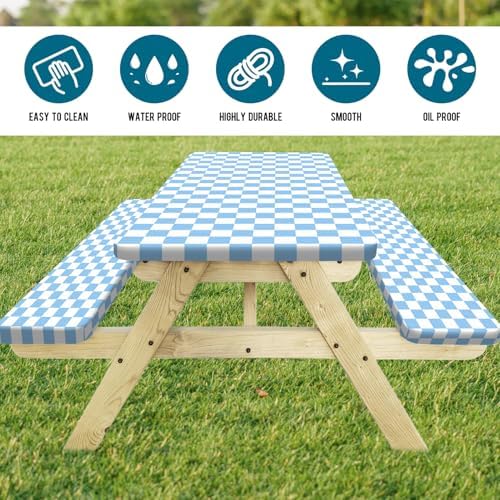 Picnic Table Cover with Bench Covers and Bag, Blue and White Checkered Gingham Buffalo Plaid Camping Tablecloth Waterproof Windproof Elastic Edges Fitted Tablecloths for Outdoor Garden 3PCS 30x72 Inch - Image 2